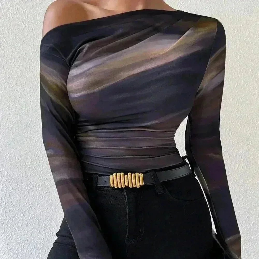 Casual Women's Marble Gradient Print Asymmetrical Neck top - Picture 3 of 6